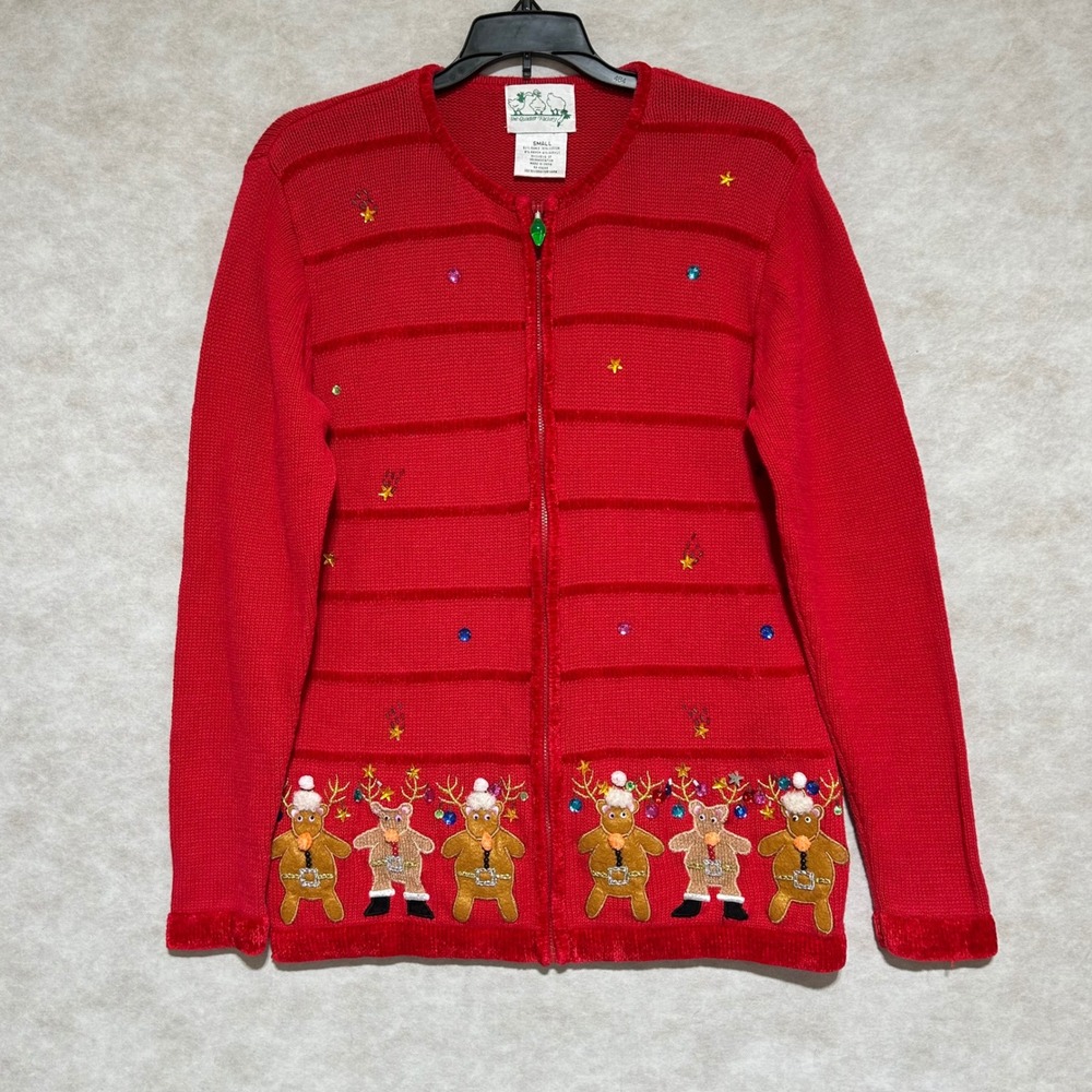 Quacker Factory Womens Red Reindeerβ Christmas Zip Up Cardigan Sweater Small